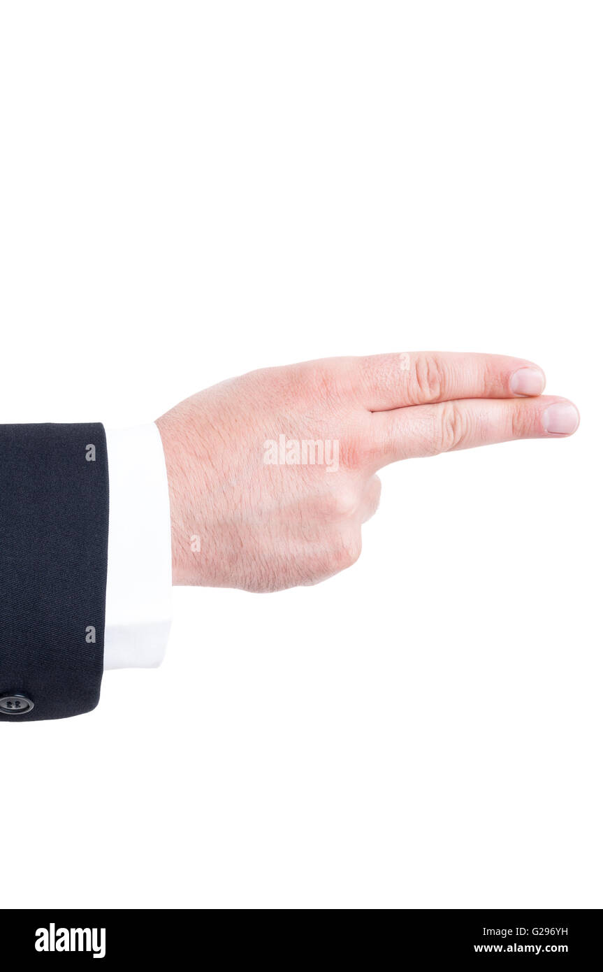Business man hand gesturing a gun isolated on white Stock Photo