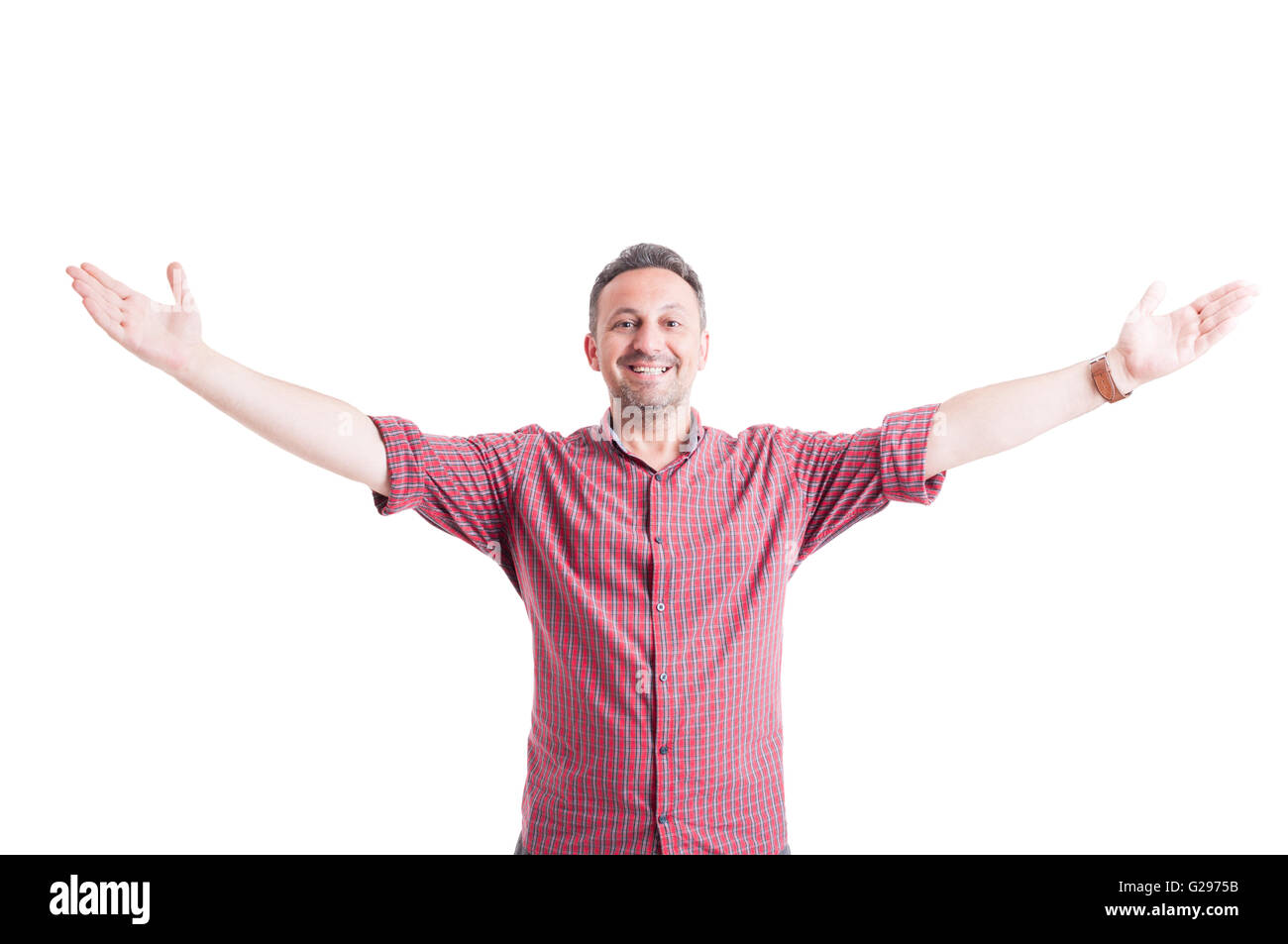 Happy man with arms wide open, outstretched or outspread Stock Photo