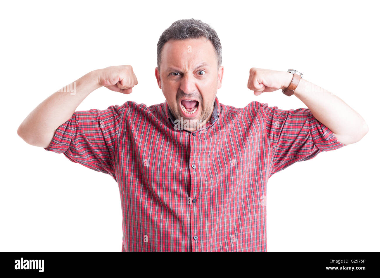 Angry, stressed and furious man shouting and flexing arms Stock Photo ...