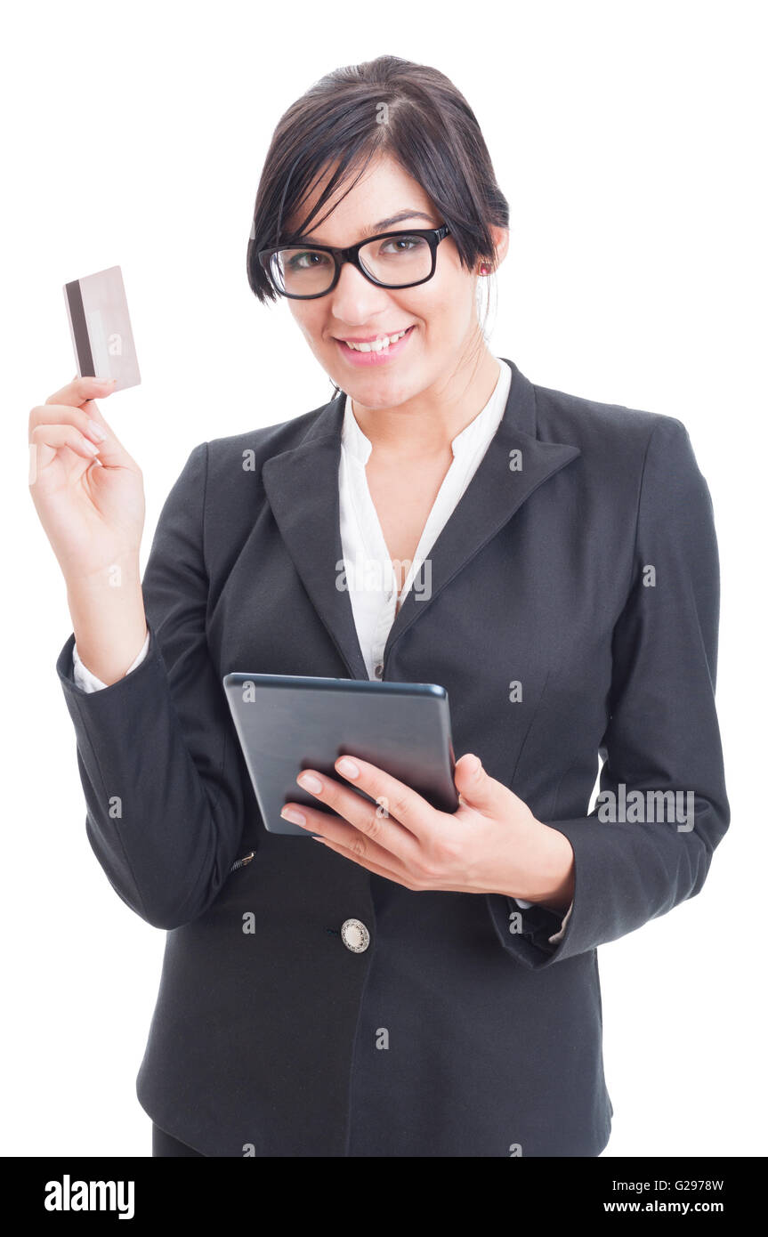 Online payments using wireless tablet pc concept with a woman holding ...