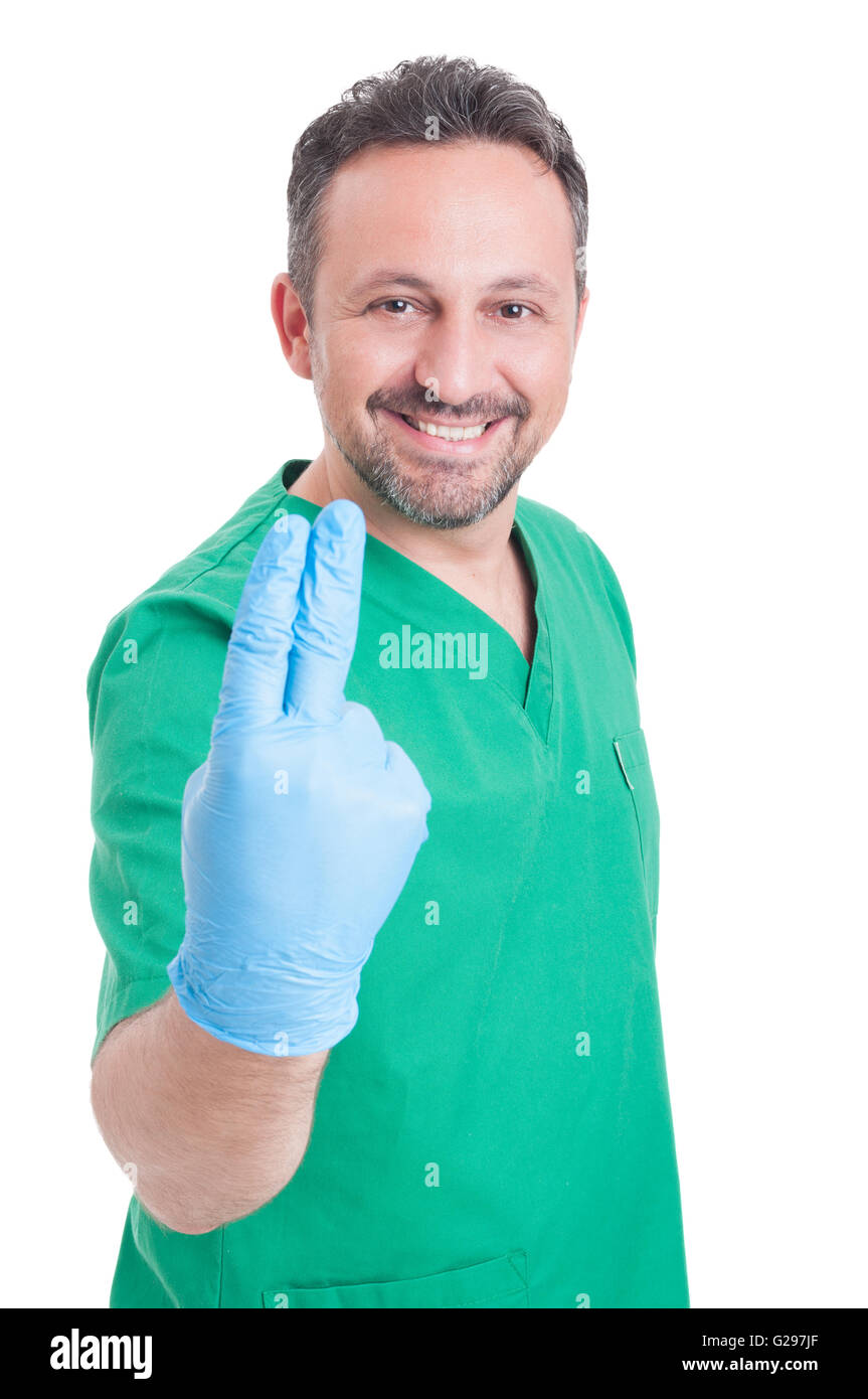Proctologist or gynecologist doctor ready for prostate exam with two fingers and latex surgical glove Stock Photo