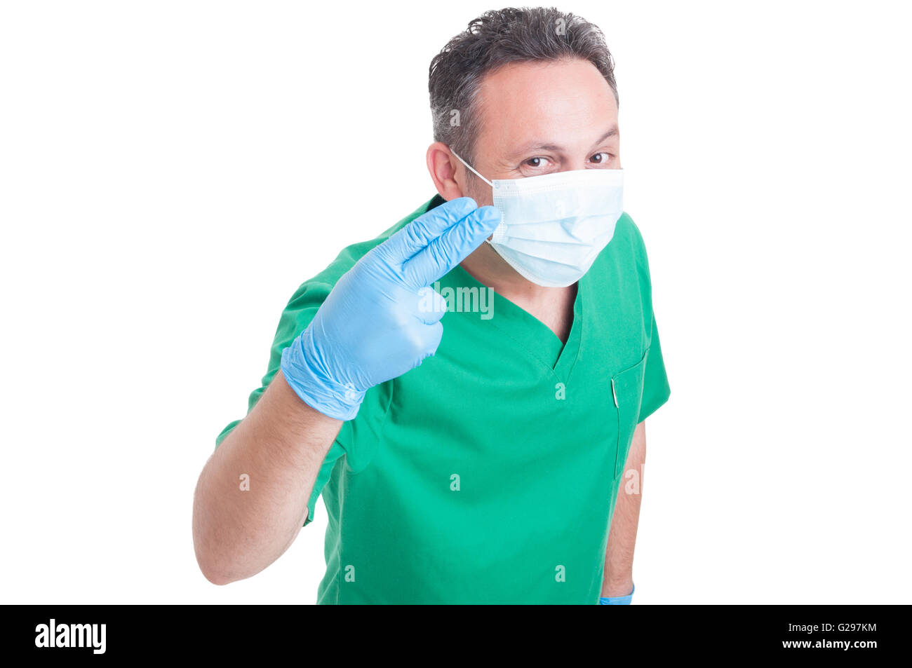 Confident gynecologist or proctologist doctor showing two fingers with latex or rubber glove Stock Photo