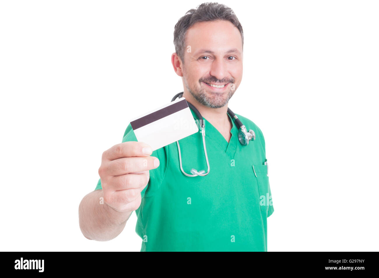 Pay secure using credit card for medical services. Doctor holding creditcard Stock Photo
