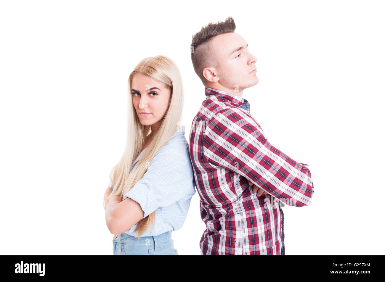 End of relationship, breakup or divorce concept with young and sad couple back to back Stock Photo
