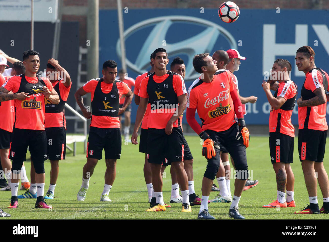 Lima, Peru. 25th May, 2016. Peru's National Soccer Team players take part in a training session at the National Sport Village, in Lima, capital of Peru, on May 25, 2016. The Peru's National Soccer Team had its last training before traveling to the United States to participate in the Centennial American Cup international tournament. © Oscar Farje Gomero/ANDINA/Xinhua/Alamy Live News Stock Photo