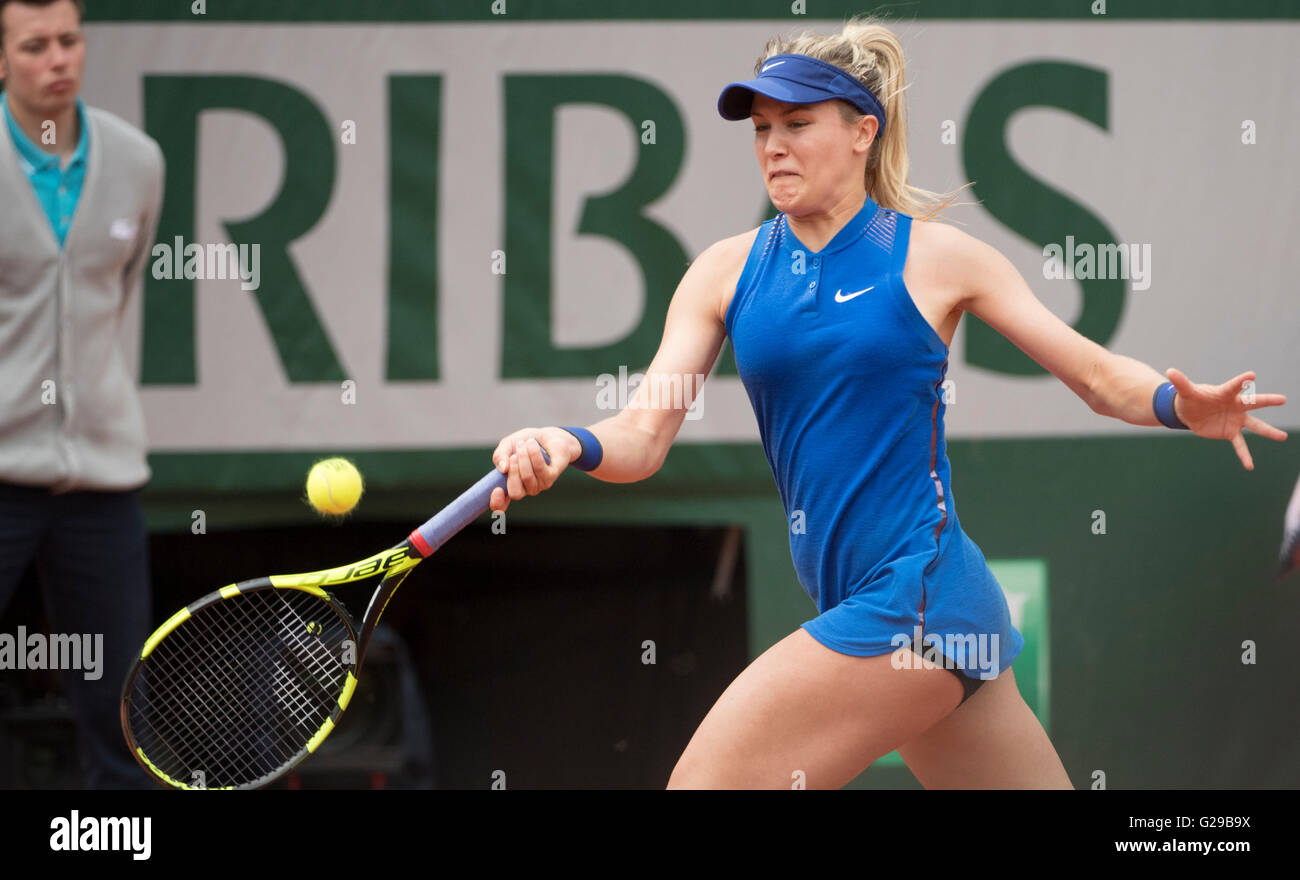 Paris. 26th May, 2016. Eugenie Bouchard (CAN) loses the first set to Timea  Bacsinszky (SUI) 6-4, at the Roland Garros being played at Stade Roland  Garros in Paris, . Credit: Leslie Billman/Tennisclix/CSM/Alamy