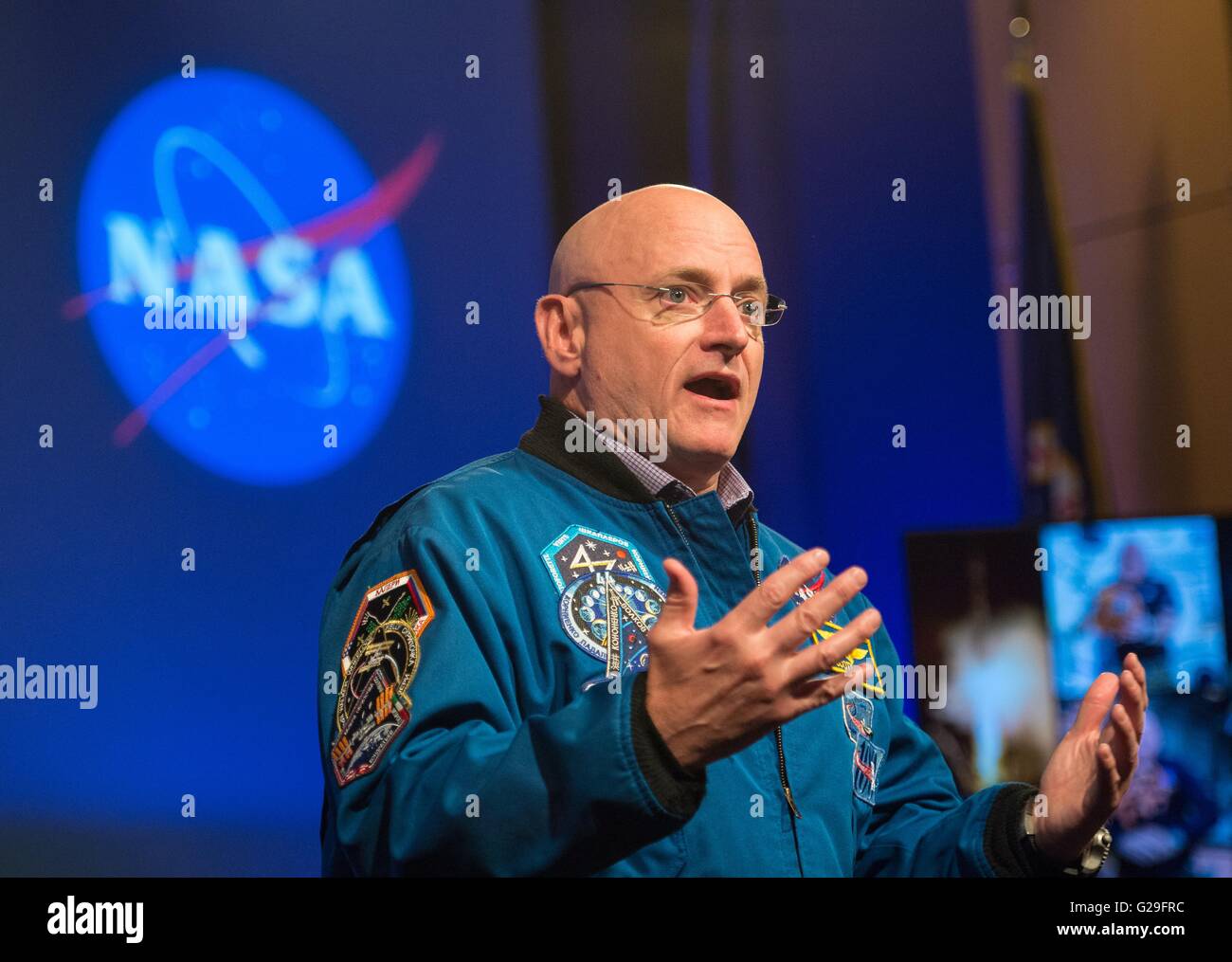 Former NASA astronaut Scott Kelly speaks about his time living and working aboard the International Space Station during an agency wide all-hands event at NASA Headquarters May 25, 2016 in Washington, DC. Kelly is the first American to spend 1-year in space aboard the International Space Station. Stock Photo
