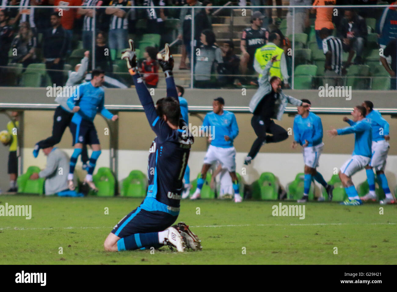 BELO HORIZONTE, MG - 26/05/2016: ATHLETIC MG X GR?MIO RS - Marcelo Grohe, Gremio goalkeeper celebrates the third goal of the team, scored by Luan during Atletico MG x Gr?mio match valid for the third round of the Brazilian Championship 2016 held Arena Independence. (Photo: Dudu Macedo / FotoArena). Stock Photo