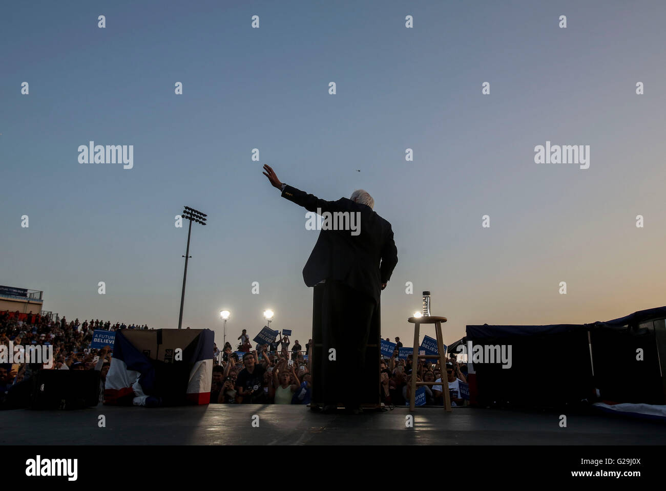 Pomona, California, USA. 26th May, 2016. U.S. Democratic presidential candidate Bernie Sanders speaks during a campaign rally in Pomona, U.S. state of California, May 26, 2016. Credit:  Xinhua/Alamy Live News Stock Photo
