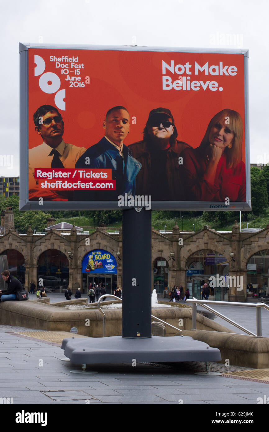Sheffield, UK. May 27, 2016. A sign announces the 2016 Sheffield Documentary Festival DocFest that takes place in June. Stock Photo
