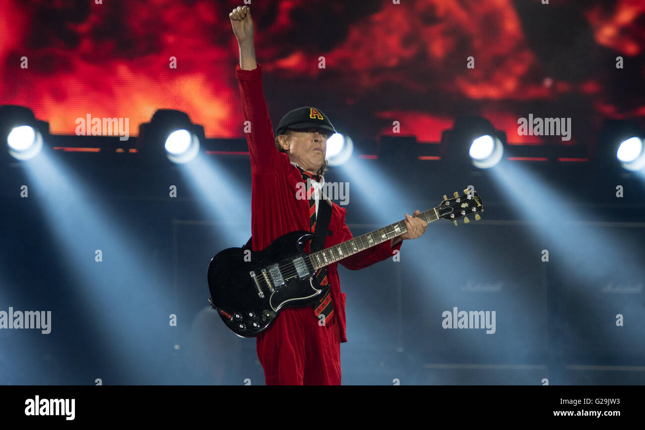 Hamburg, Germany. 26th May, 2016. Guitarist Angus Young performs with his band AC/DC at Volksparkarena in Hamburg, Germany, 26 May 2016. The band plays a total of three shows in Germany. Photo: Axel Heimken/dpa/Alamy Live News Stock Photo