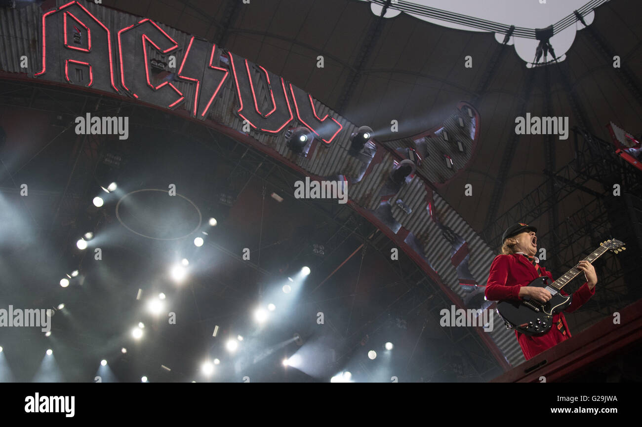 Hamburg, Germany. 26th May, 2016. Guitarist Angus Young performs with his band AC/DC at Volksparkarena in Hamburg, Germany, 26 May 2016. The band plays a total of three shows in Germany. Photo: Axel Heimken/dpa/Alamy Live News Stock Photo