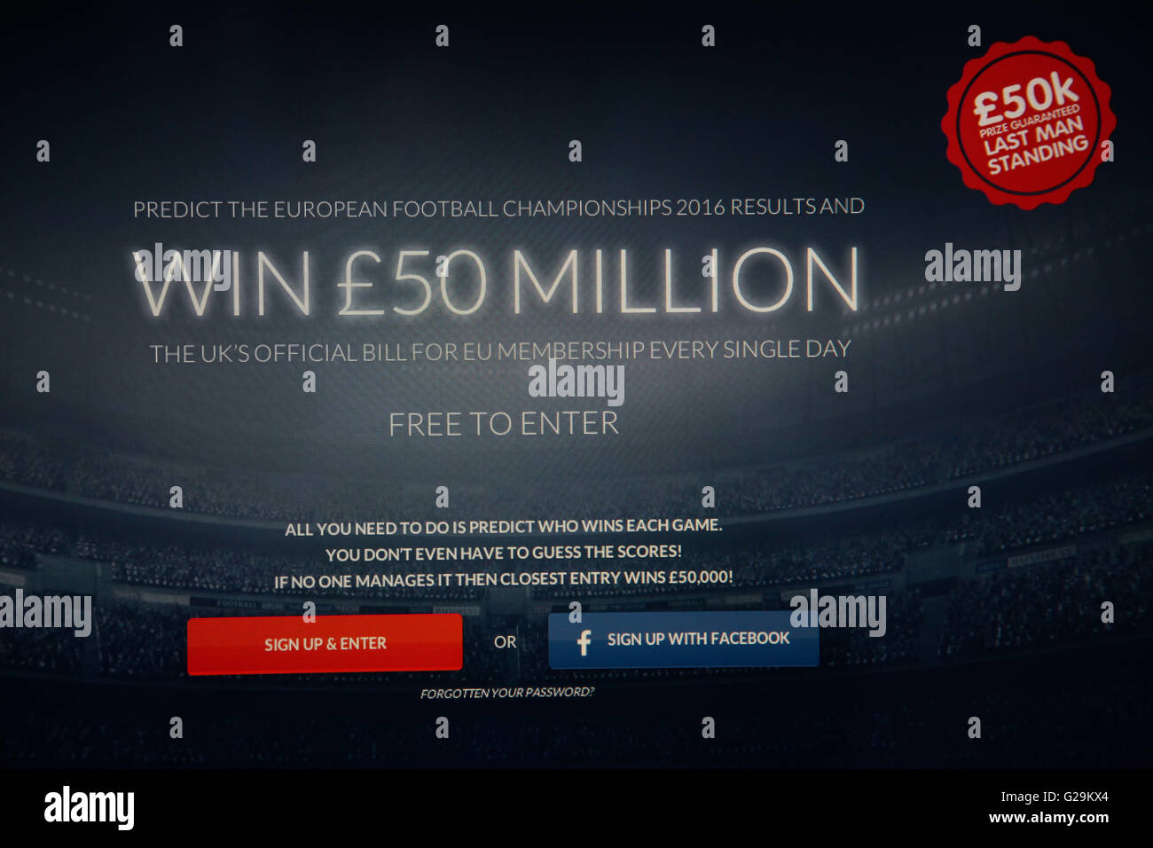 Screenshot of 50million.uk. Vote Leave launches 50million.uk, a competition to win £50 million. Stock Photo