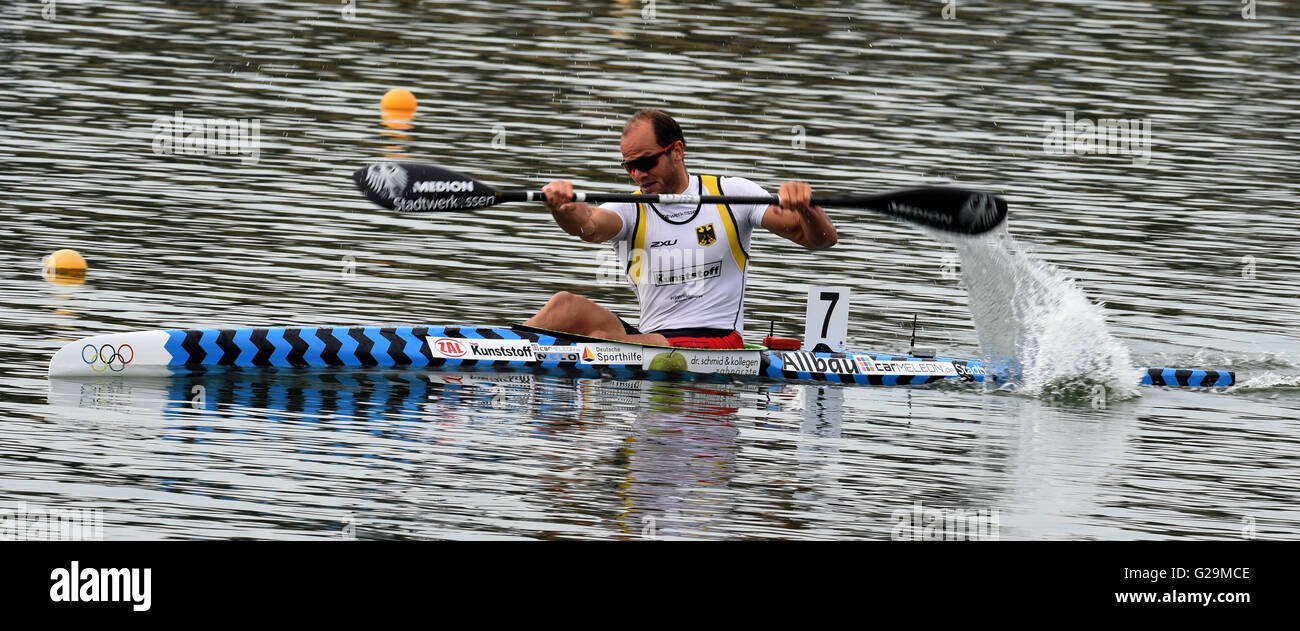 German Max Hoff paddles durnig the mens K1 1000 metre event, the ICF Canoe Sprint World Cup in Racice, Czech Republic, May 27, 2016. (CTK Photo/Libor Zavoral) Stock Photo