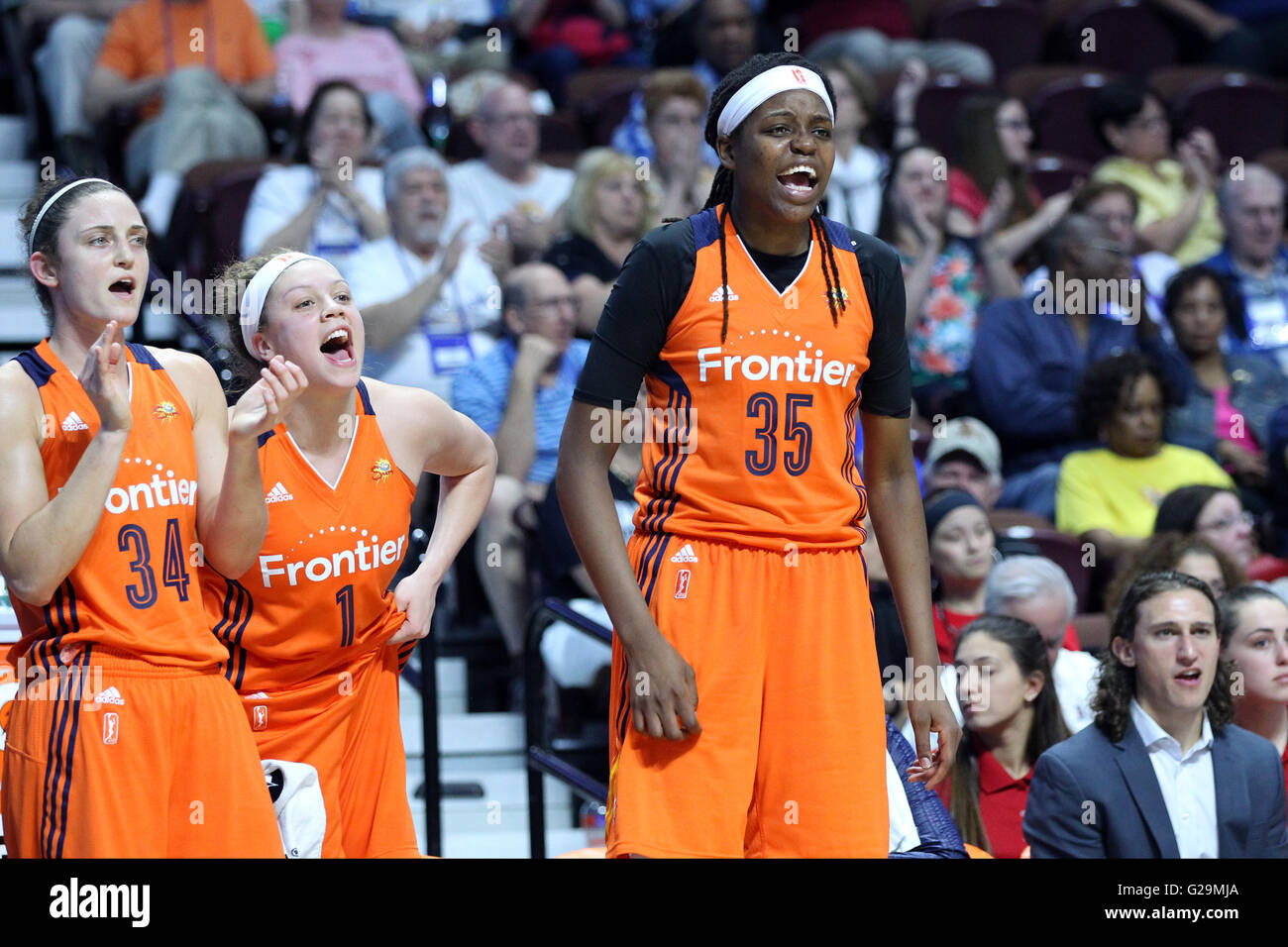 May 26, 2016; Uncasville, CT, USA; Connecticut Sun guard Kelly Faris (34), Connecticut Sun guard Rachel Banham (1) and Connecticut Sun forward Jonquel Jones (35) cheer from the bench during the second half of an WNBA basketball game between the Connecticut Sun and Los Angeles Sparks at Mohegan Sun Arena. Los Angeles defeated Connecticut 77-72. Anthony Nesmith/Cal Sport Media Stock Photo