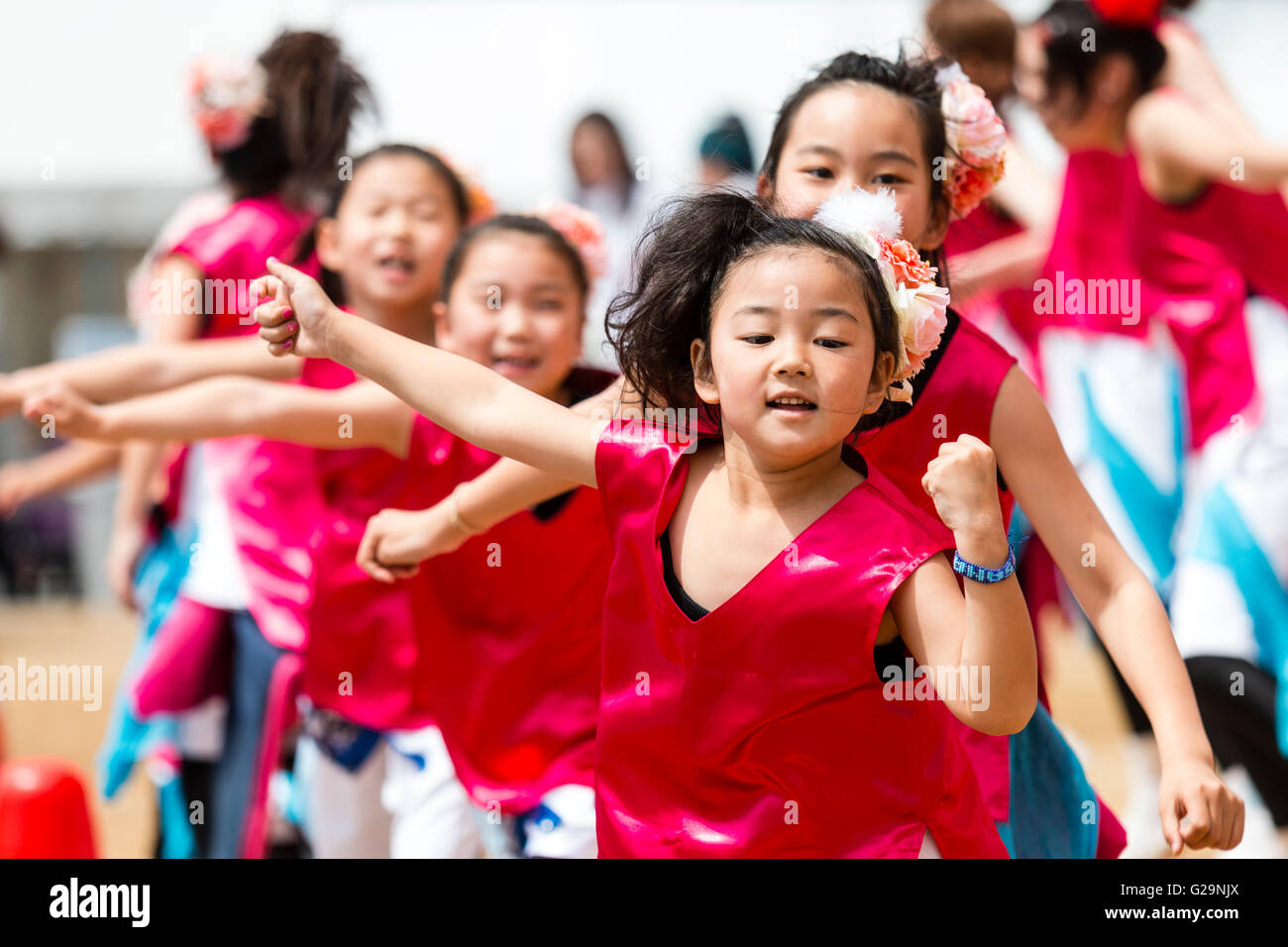 Japan, Kumamoto. Hinokuni Yosakoi dance festival. Children, with flowers in hair, running in a row, part of woman's team, wearing pink happi jackets. Stock Photo