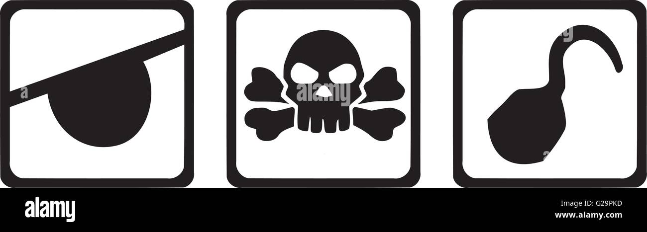 Pirate icons - eye patch, skull with crossbones and hook Stock Vector ...