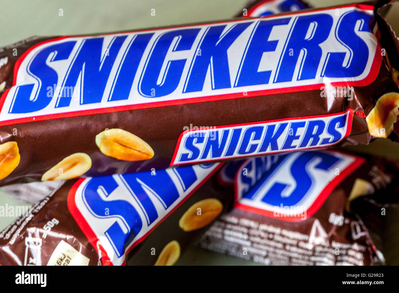 Three snickers bars Stock Photo