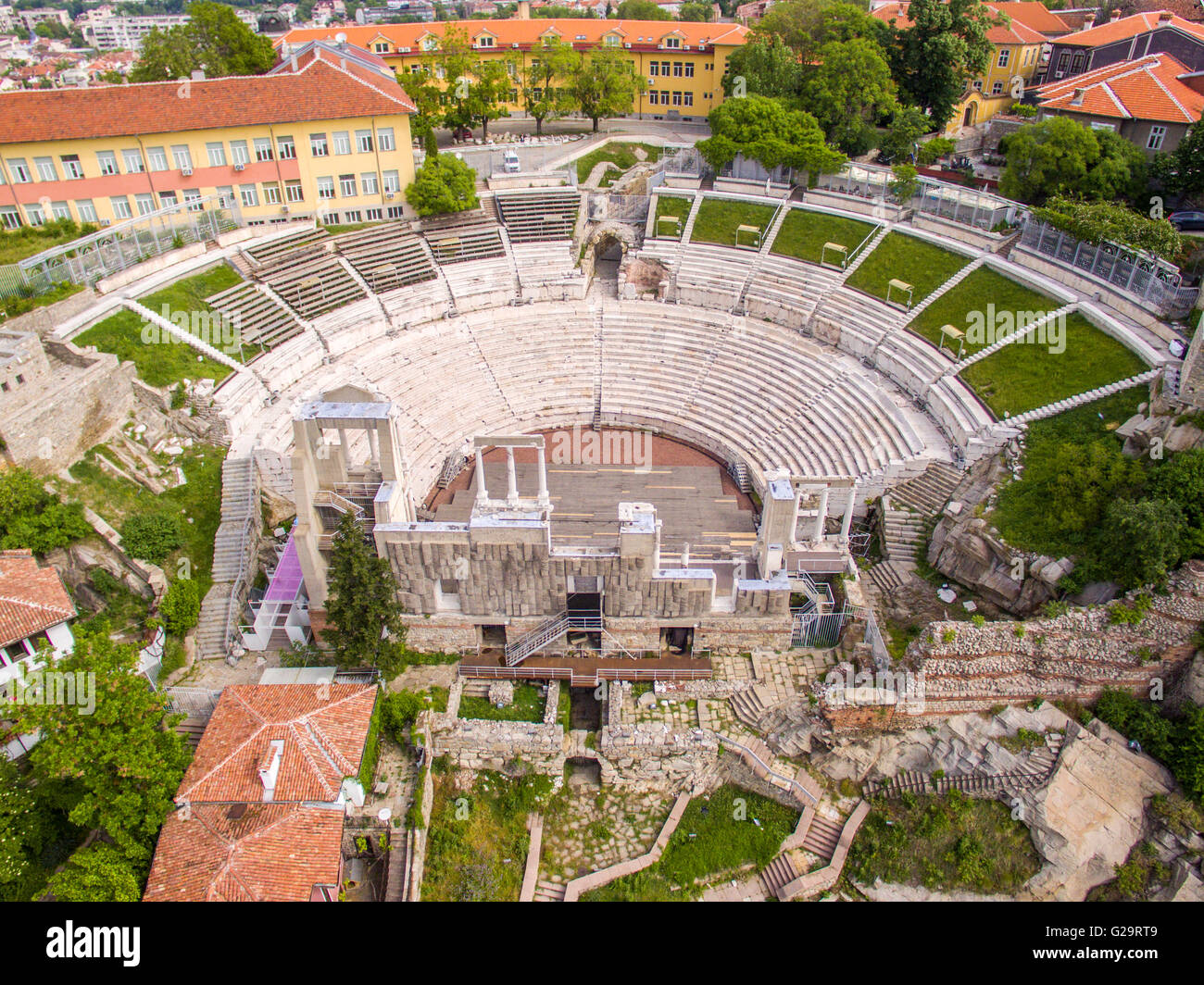 Aerial view of the roman amphitheater in Plovdiv, Bulgaria Stock Photo