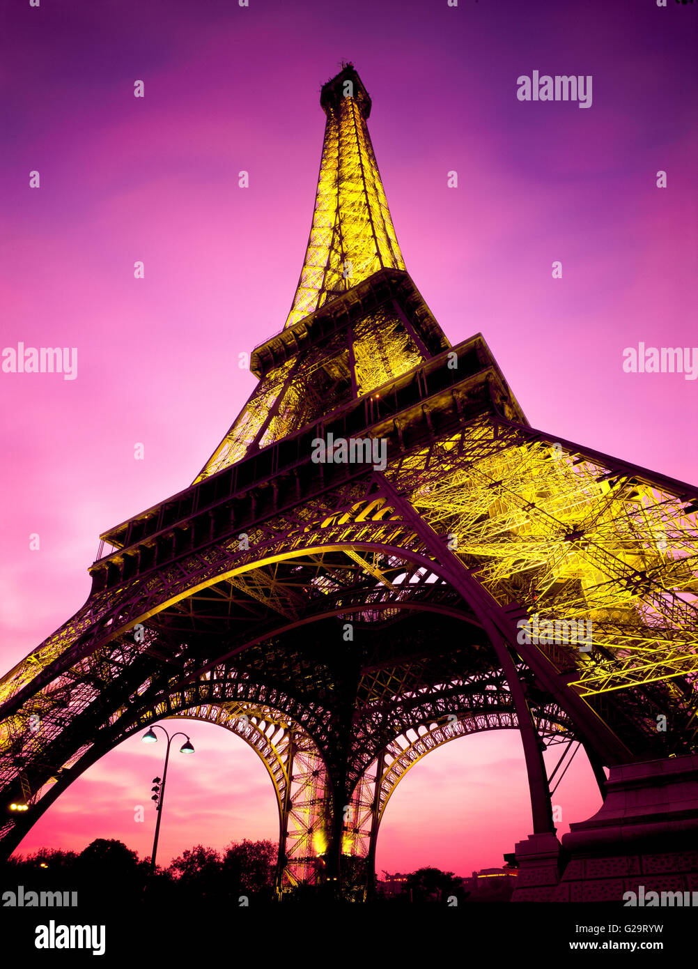 Low Angle Of The Eiffel Tower At Dusk Stock Photo Alamy