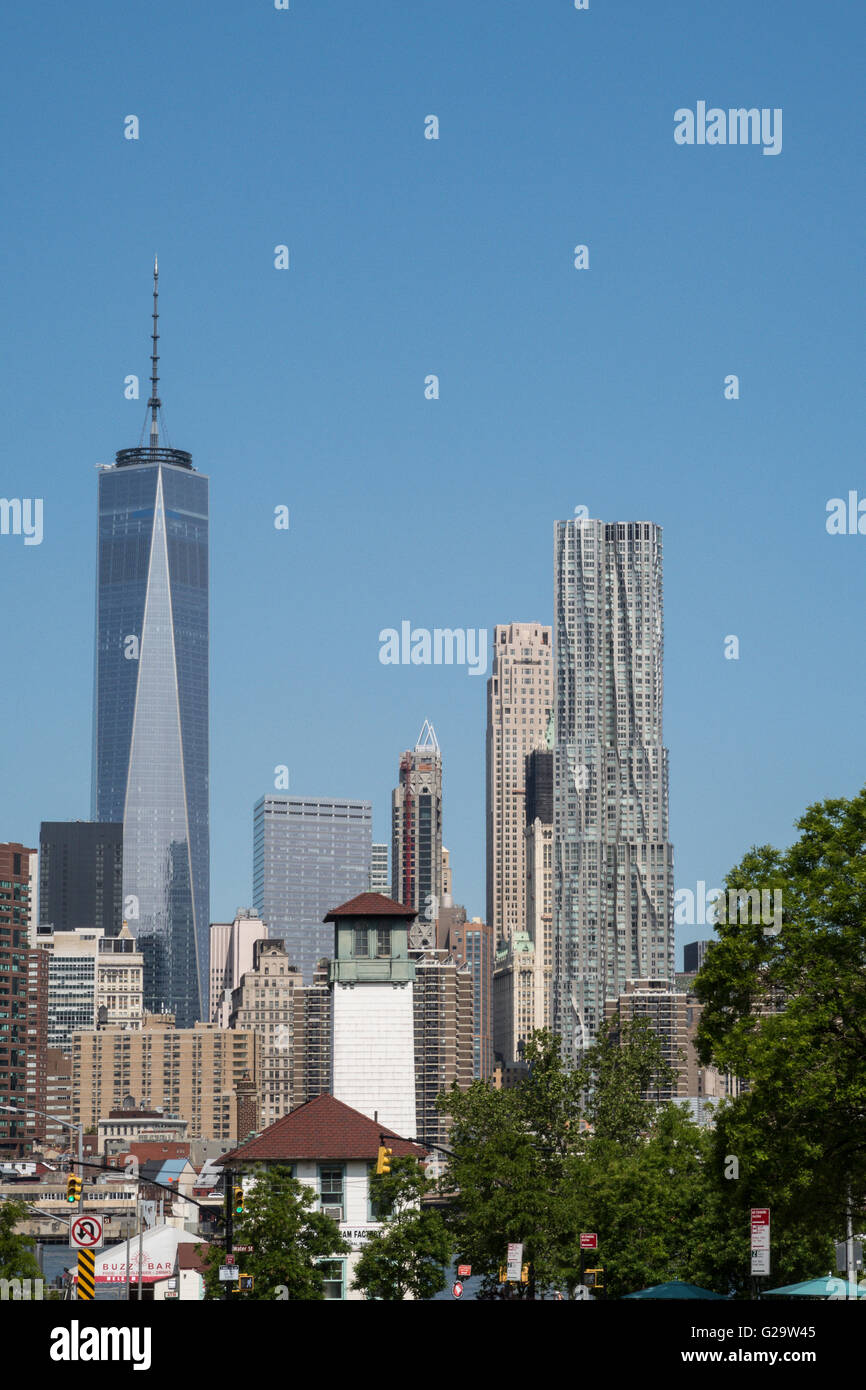 Downtown Financial District Skyline with Freedom Tower, NYC, USA Stock Photo