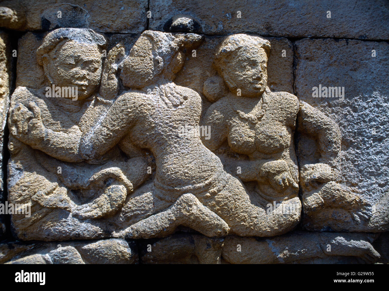 Java Indonesia Borobudur Temple Relief Kiss 8th And 9th Century UNESCO World Heritage Site Stock Photo