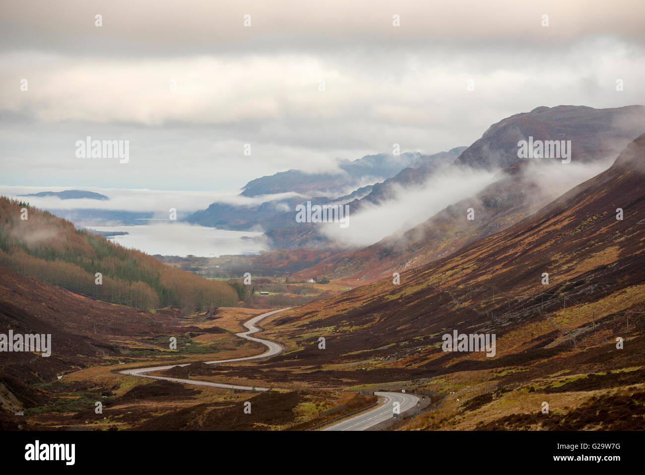 Morning mist in the valley at Glen Docherty, between Kinlochewe and Loch Maree in Wester Ross, Scotland UK Stock Photo