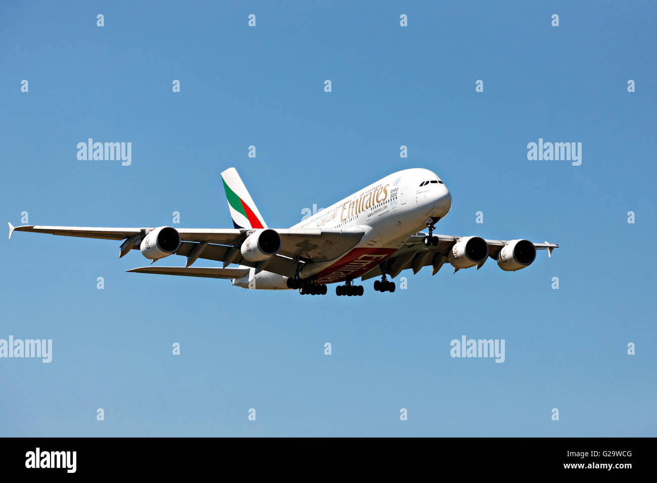 Emirates Airbus A380-800 passenger aircraft, on landing approach to  Franz Josef Strauss Airport, Munich, Upper Bavaria, Germany Stock Photo