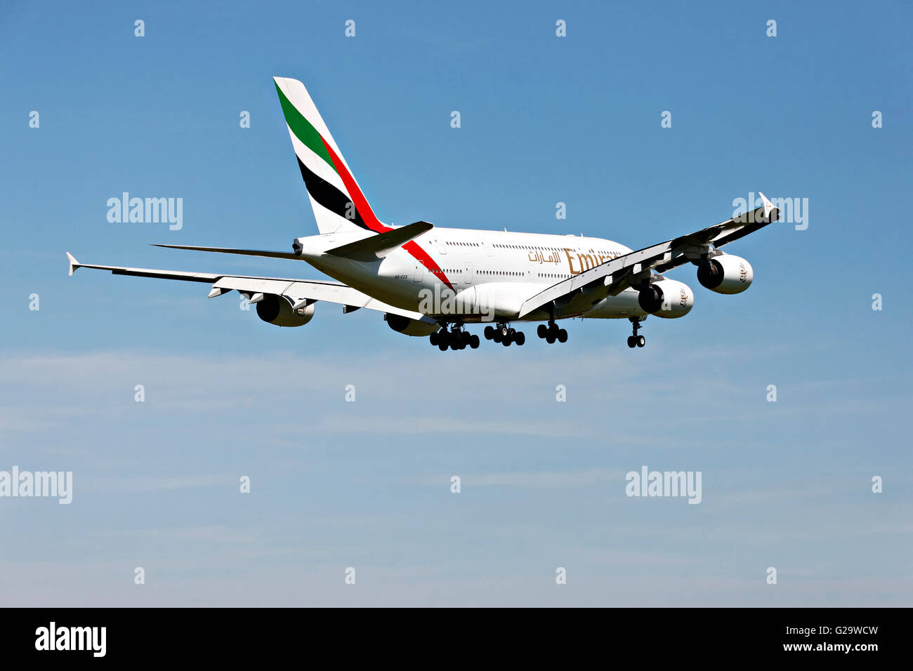 Emirates Airbus A380-800 passenger aircraft seen from behind, on landing approach to  Franz Josef Strauss Airport, Munich Stock Photo