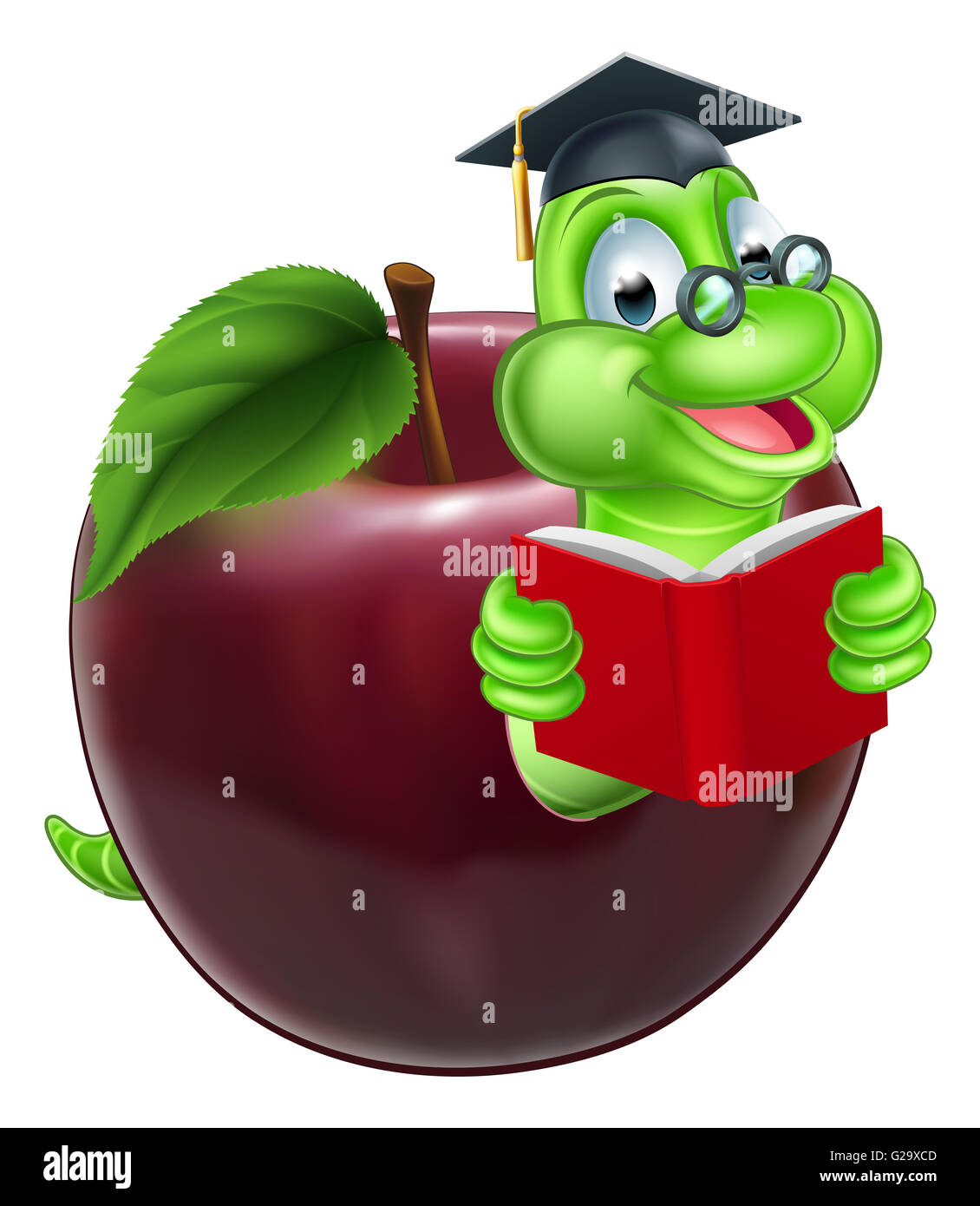 A happy cute cartoon caterpillar bookworm worm or caterpillar reading a book and coming out of an apple and wearing glasses and Stock Photo