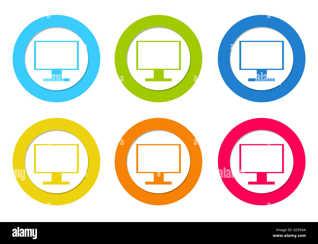 Set of rounded icons with tv screen or computer monitor in blue, green ...