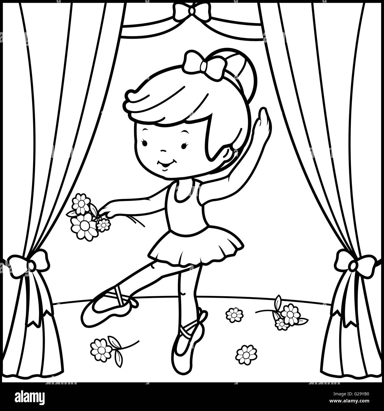 Coloring book page ballerina girl dancing on stage. Stock Vector