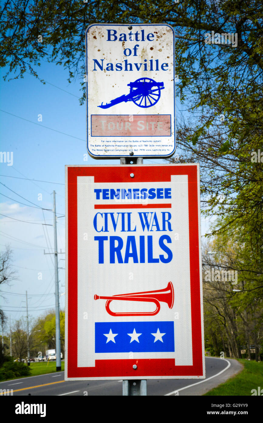 Red & Blue Highway road signs commemorate the Battle of Nashville and Civil War Trails near Natchez Trace in Nashville, TN Stock Photo