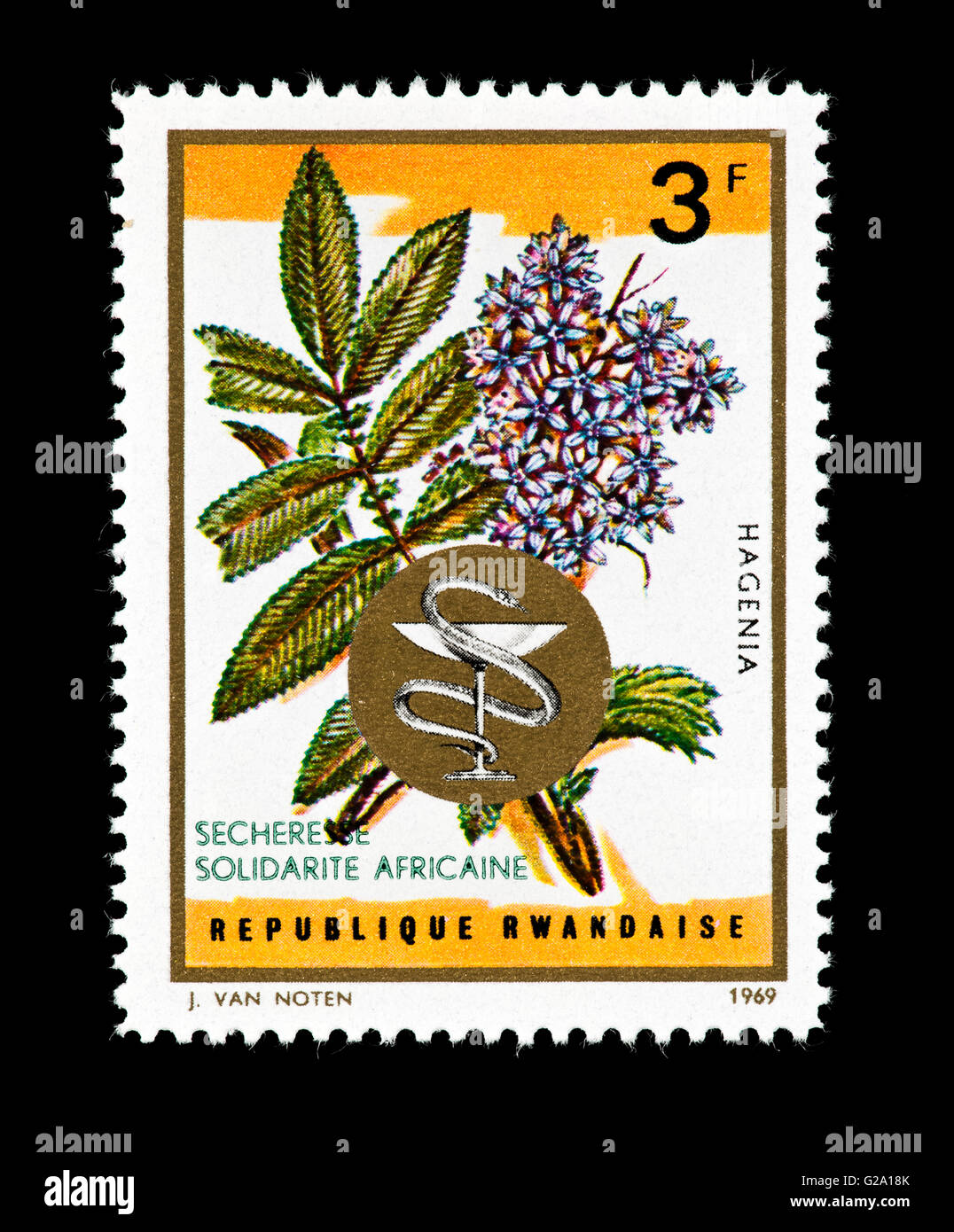 Postage stamp from Rwanda depicting Hagenia abyssinica, medicinal tree from Africa, and health emblem Stock Photo