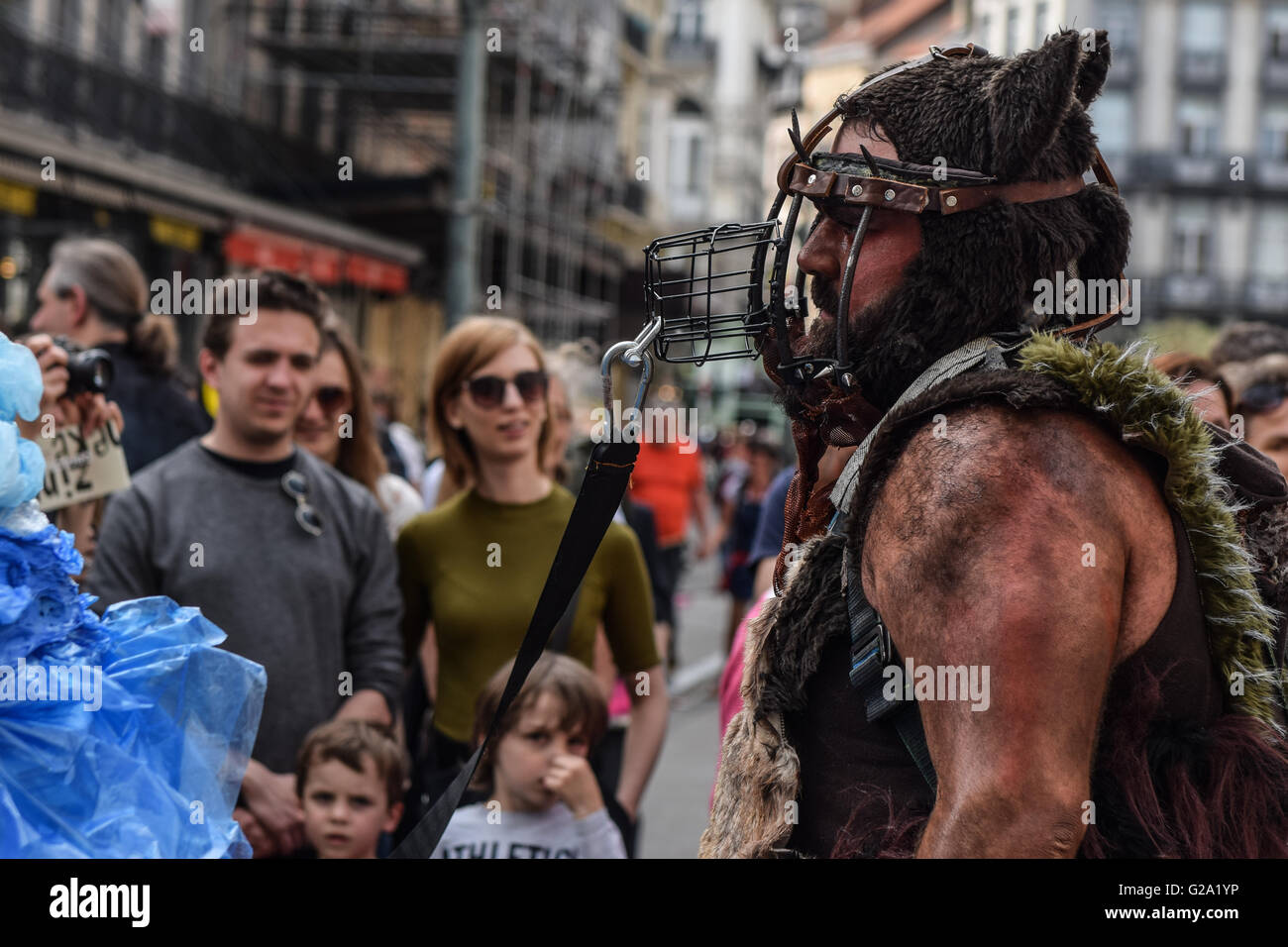 BRUSSELS, BELGIUM - MAY 21, 2016: Unidentified participant in his mystic outfit at the biennial Zinneke Parade 2016. Stock Photo