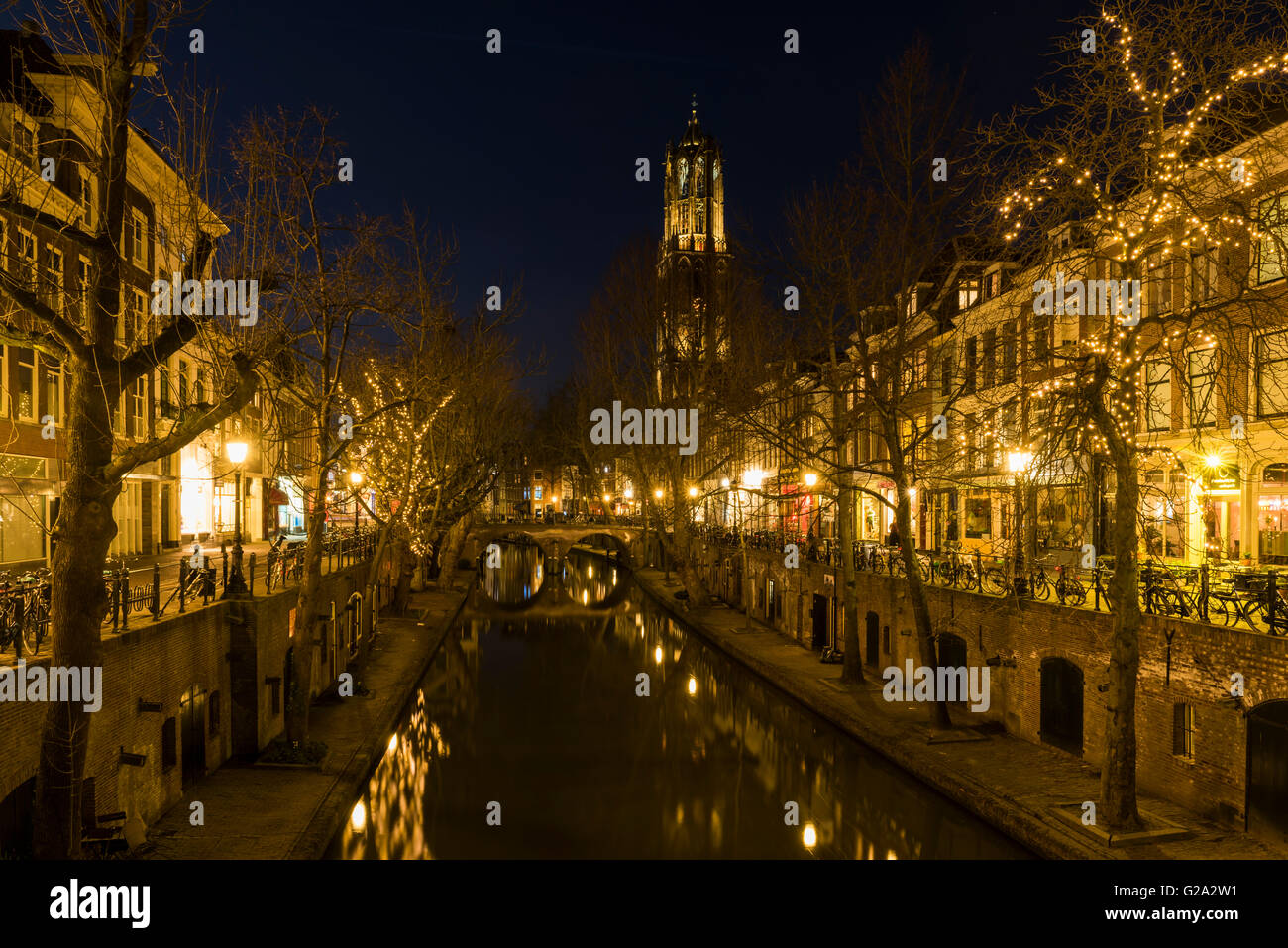 Utrecht at night, Oude Gracht, bridge, houses, canal, Dom (church). Stock Photo