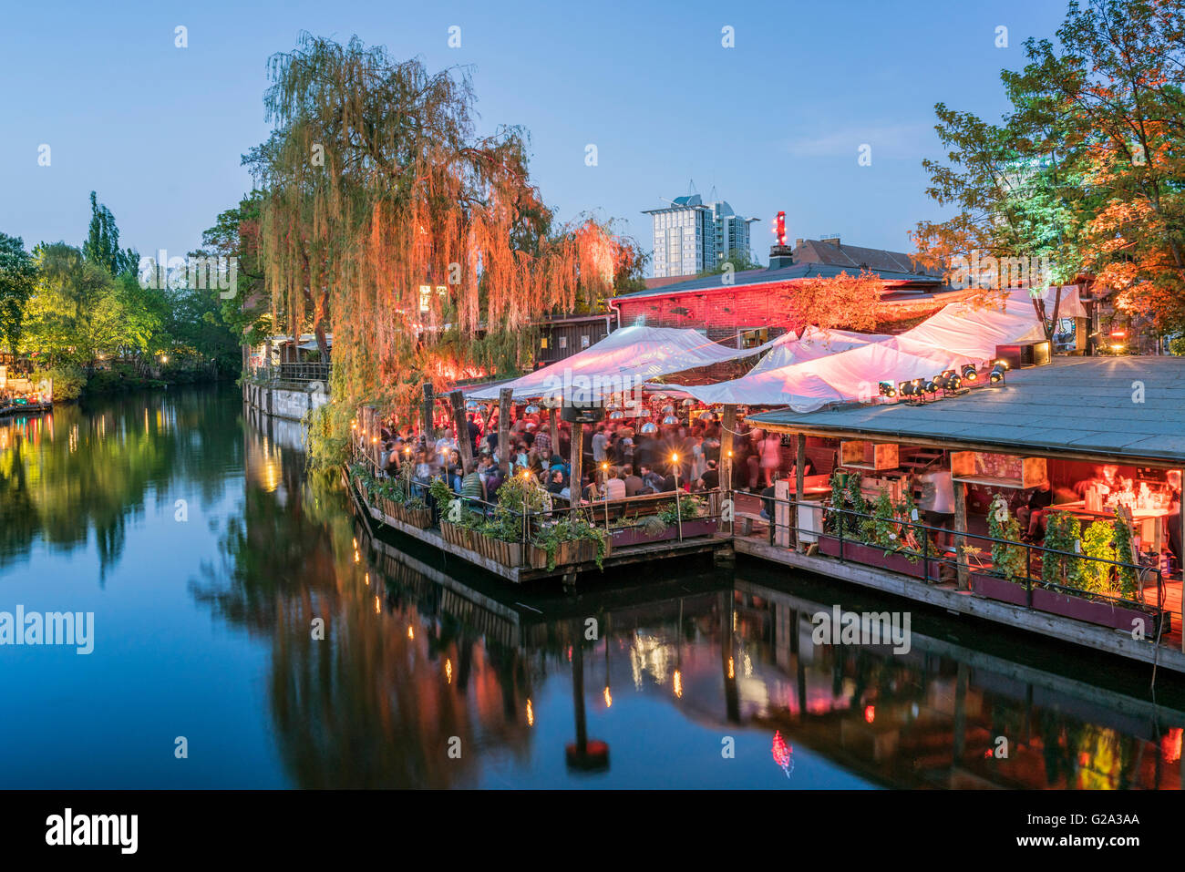 Clubs at Spree Canal, Freischwimmer, Club der Visionaere, beach bar, Kreuzberg, Berlin Stock Photo