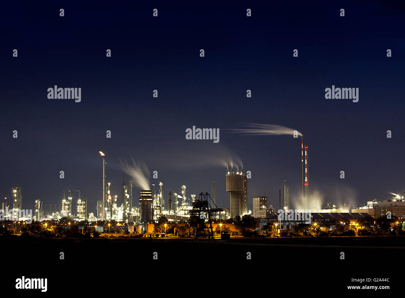 Chemical Factory Area in Ludwigshafen Germany at Night Stock Photo