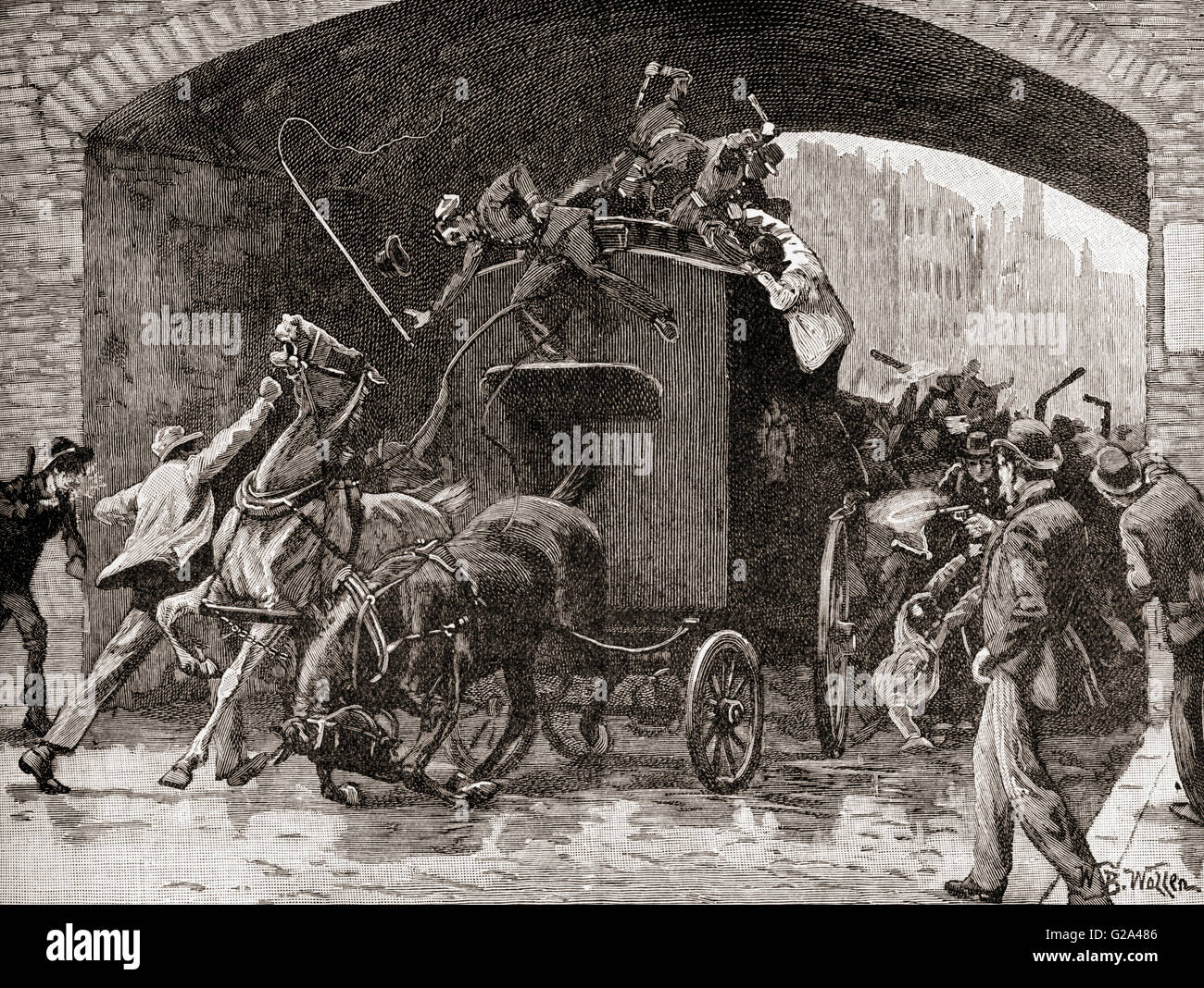 The Manchester Outrages, 1867.  Members of the Fenians, the Irish Republican Brotherhood, attacking a horse-drawn police van in Manchester, England transporting two arrested leaders of their Brotherhood.  This resulted in the arrest and subsequent execution of three of them for the murder of a police officer travelling inside the van. Stock Photo
