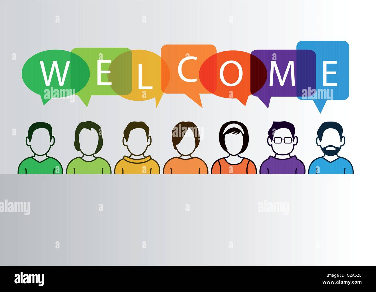 Colorful welcome background with simplified cartoon characters Stock Vector