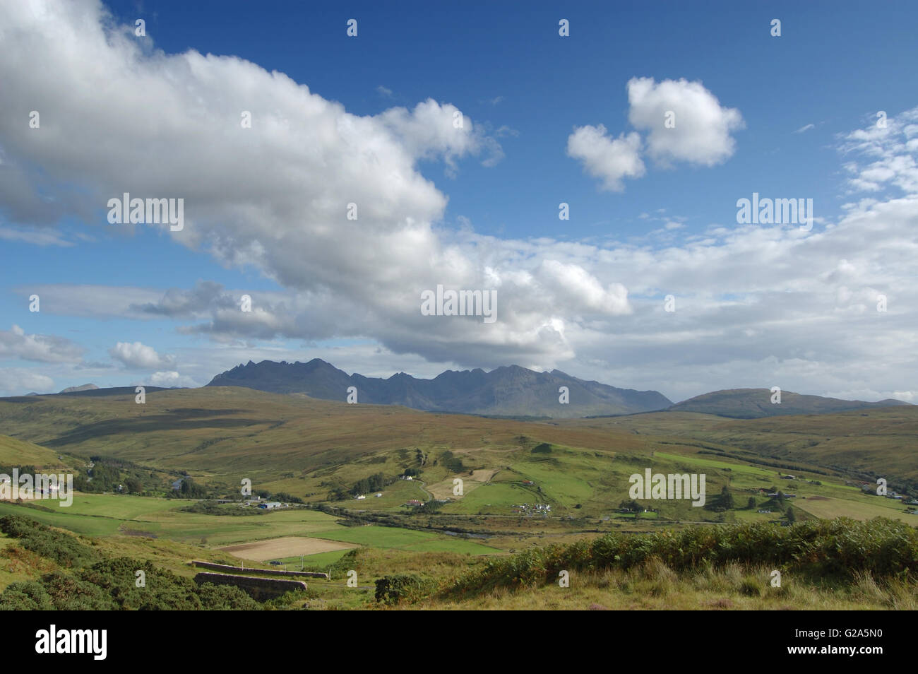 The Cuillins of Skye from a viewpoint near Carbostmore on the west coast Stock Photo