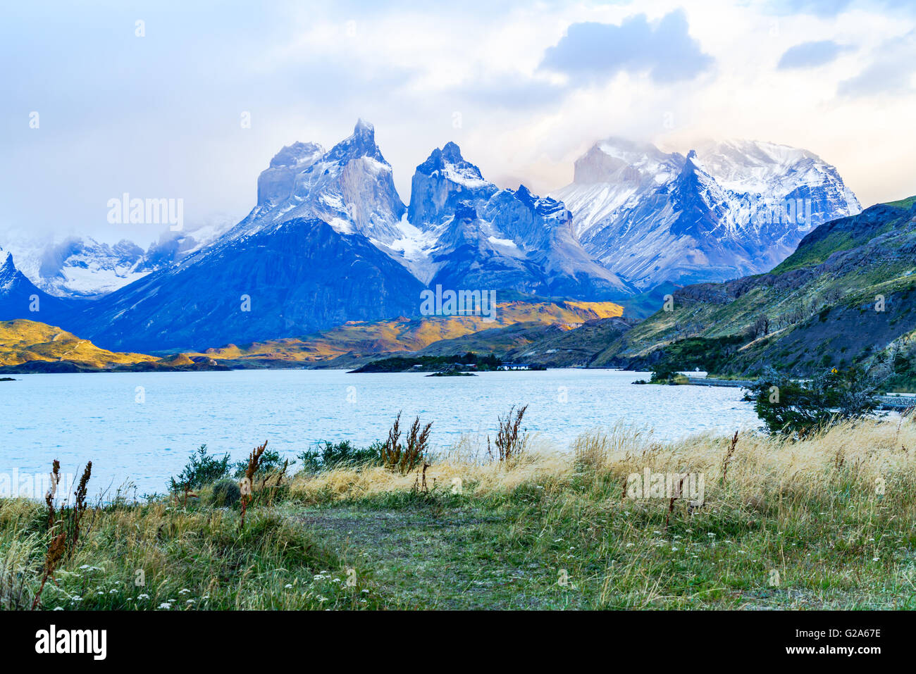 View of Cuernos del Paine from lake Pehoe in the early morning Stock Photo