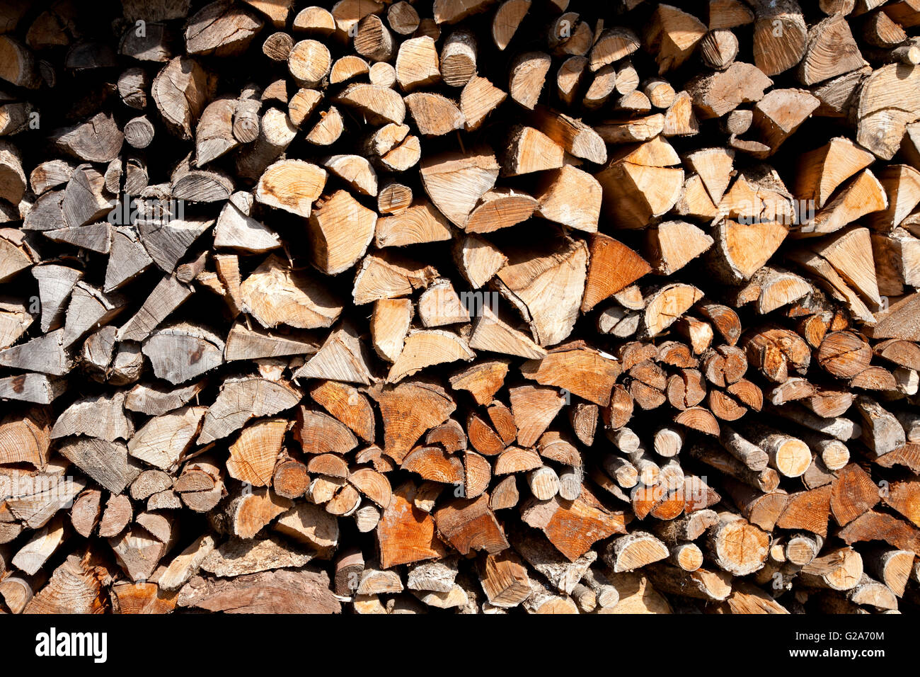 Woodland management in the Black Forest, processed logs stacked in the woodland by people using their local woodlands sustainably for their own uses Stock Photo