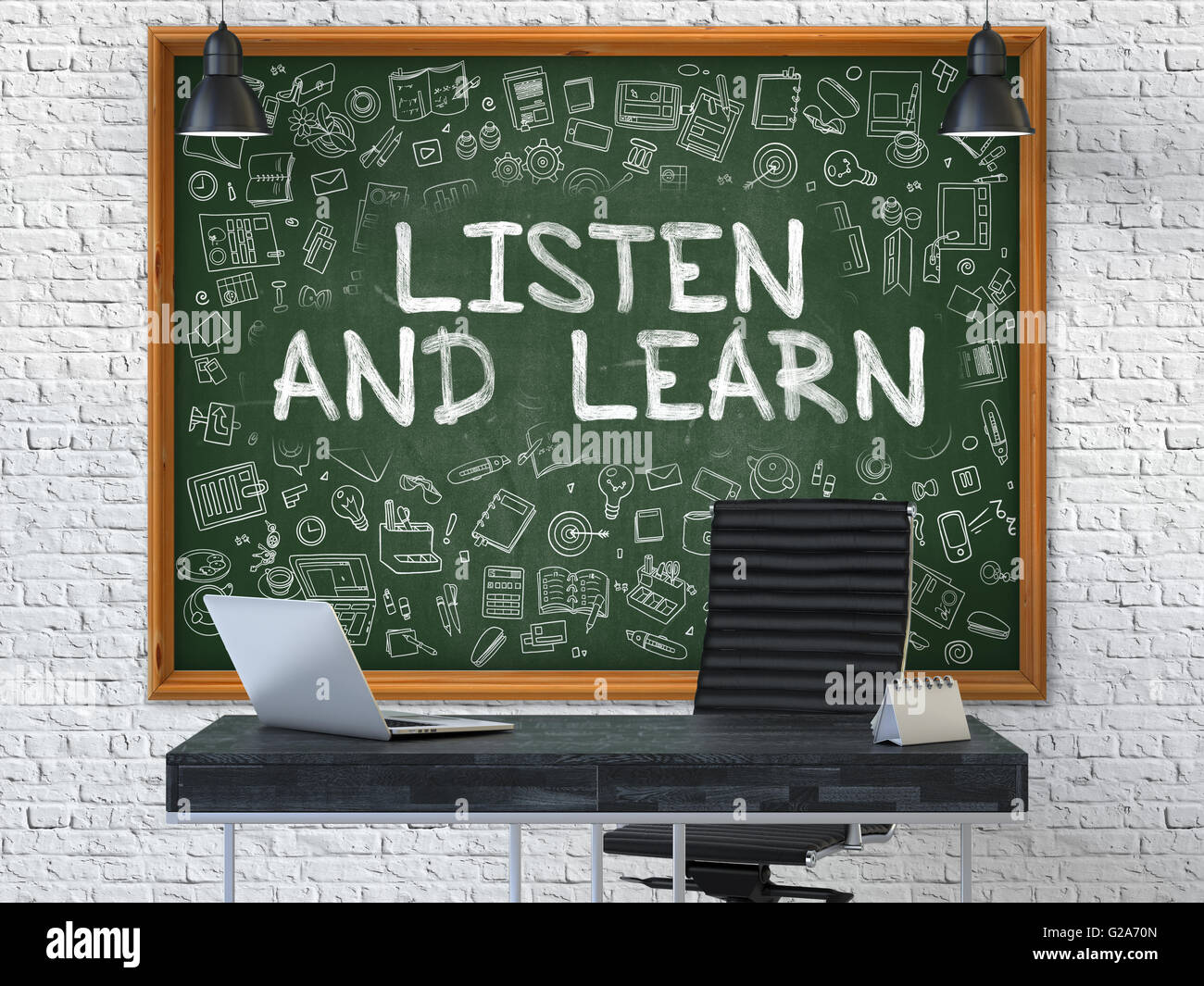 Listen and Learn on Chalkboard with Doodle Icons. Stock Photo