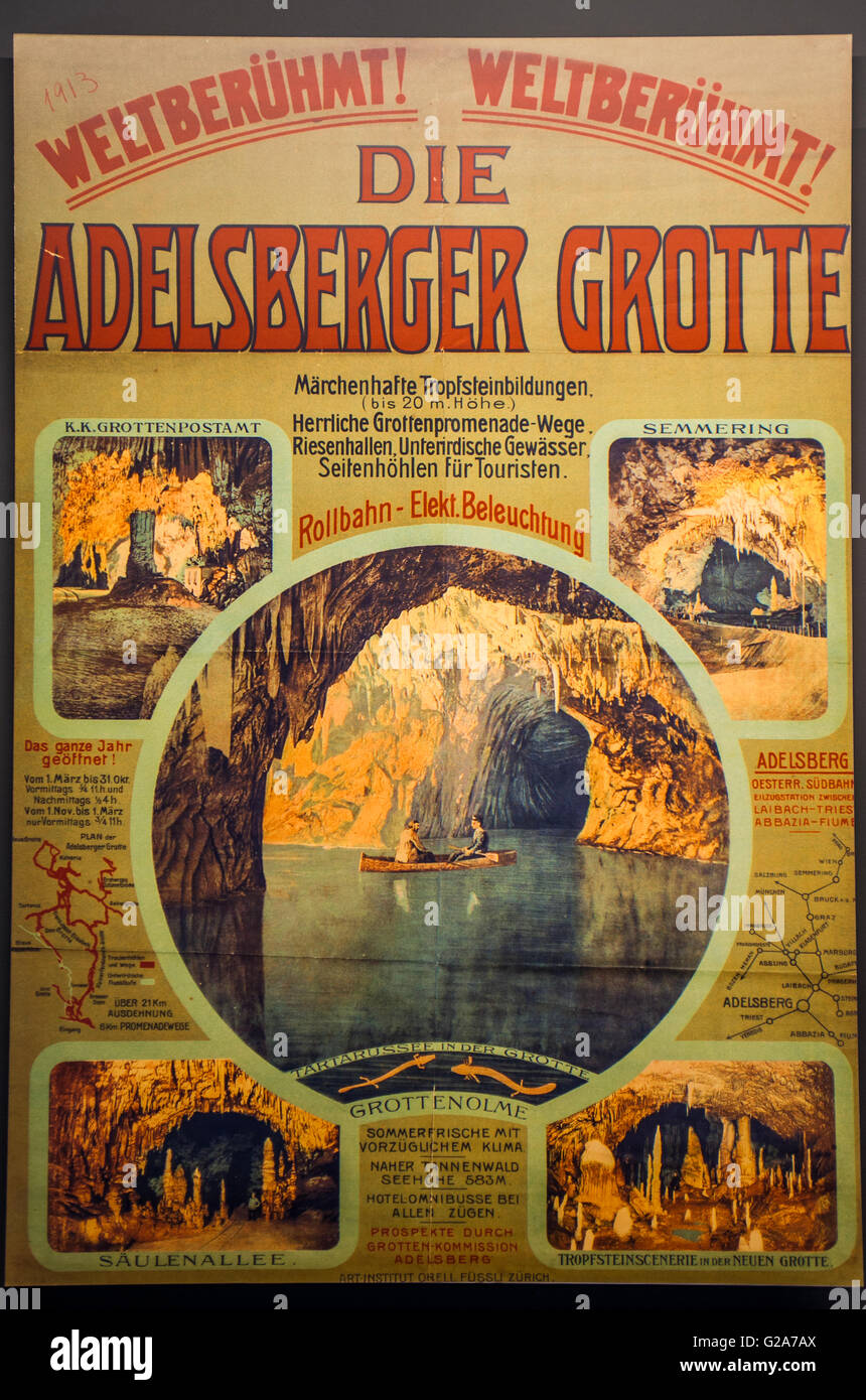 Slovenia Coast and  Kars Postojna Cave Park - Museum Expo Ancient Advertising posters of the  caves Stock Photo
