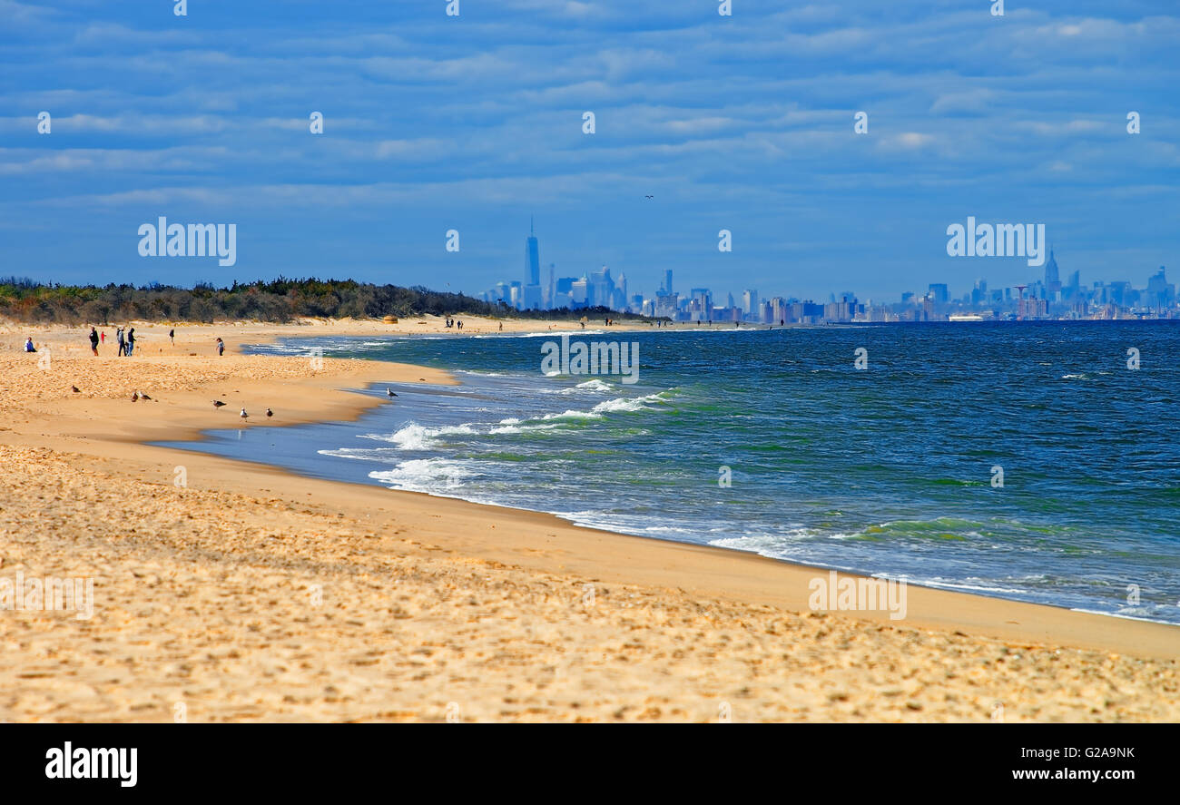 Atlantic Ocean shore at Sandy Hook with view on NYC. Sandy Hook is in