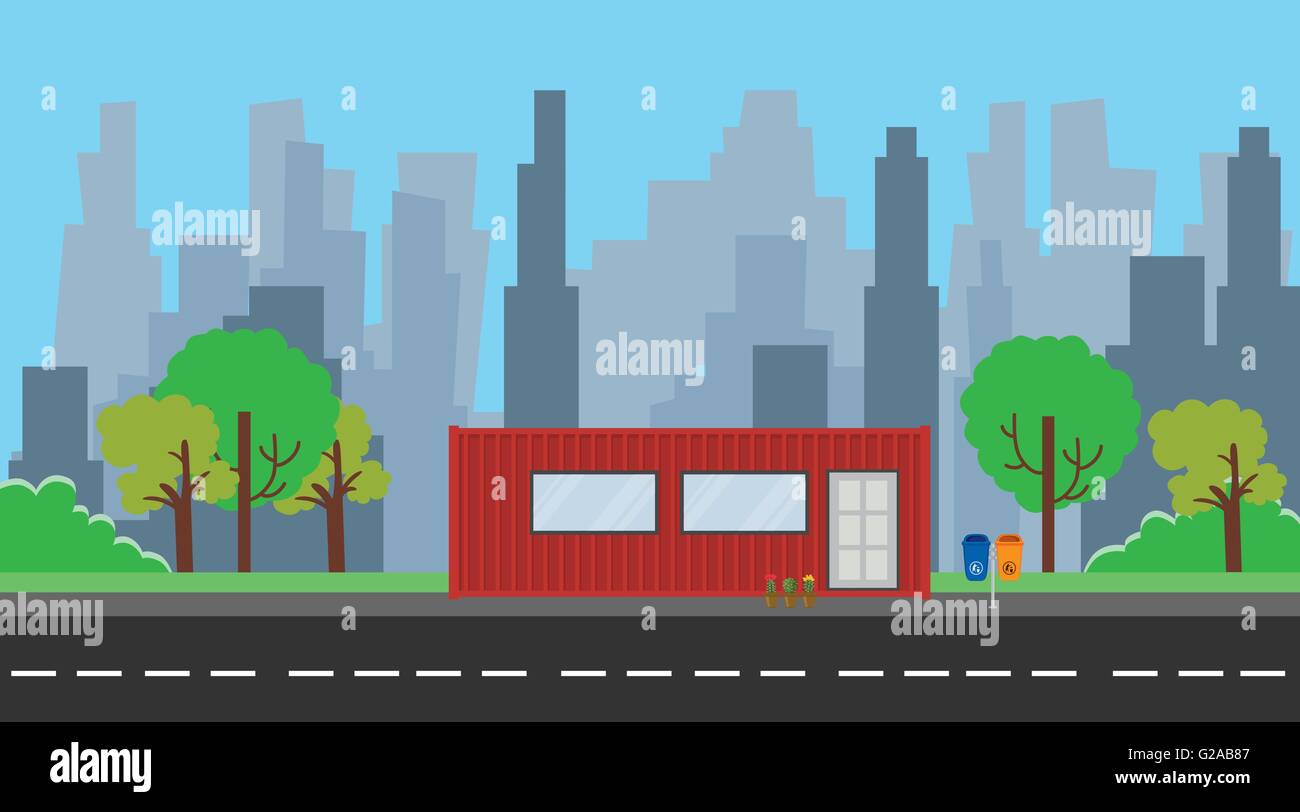 container house illustration with red color and city background tree ...