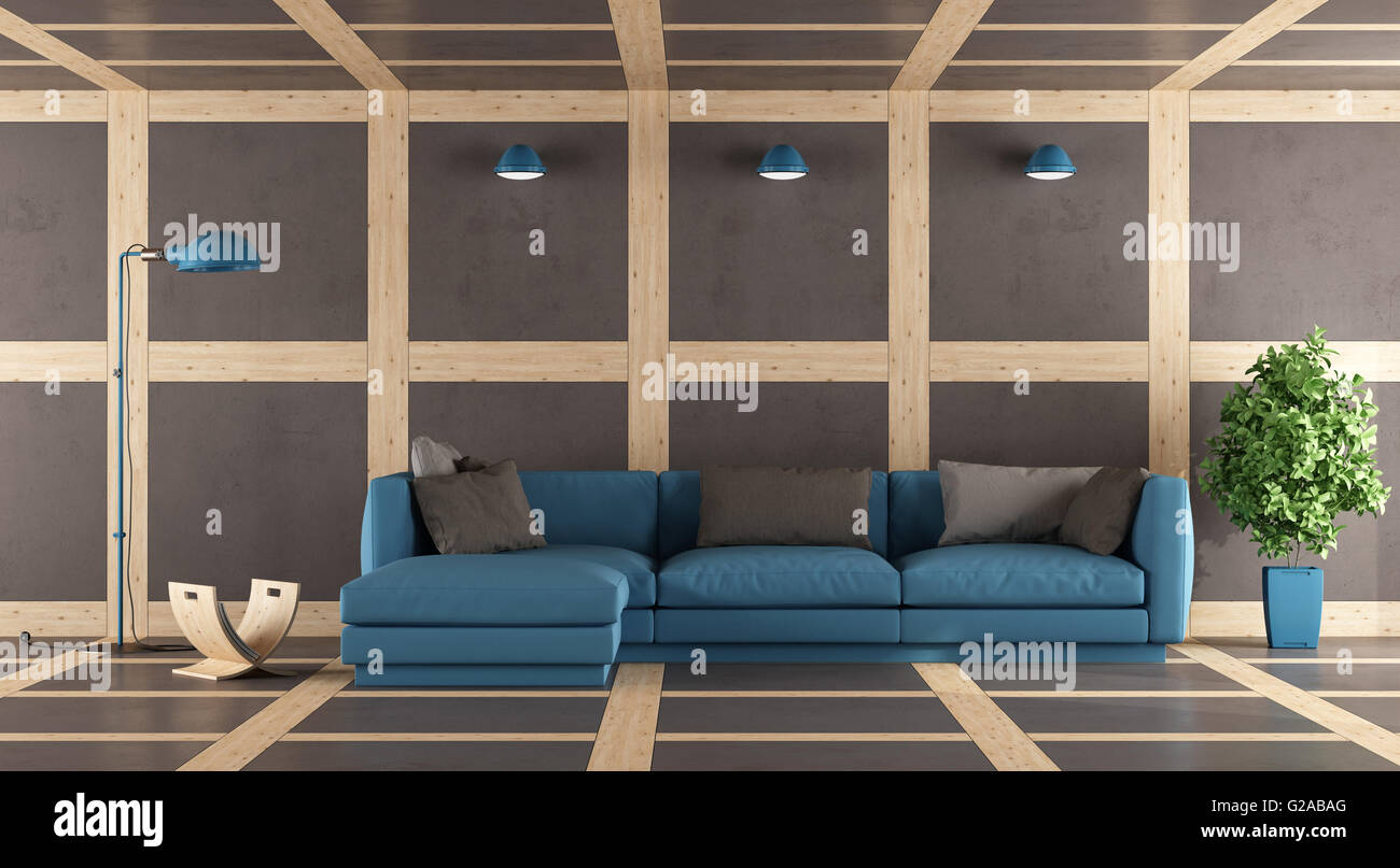 Contemporary Living Room With Wall Floor And Ceiling In Concrete And Wooden Paneling 3d Rendering Stock Photo Alamy