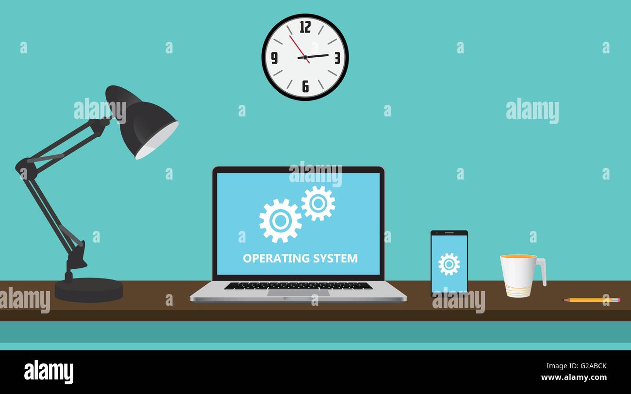 os operating system computer with gear and notebook on workdesk vector