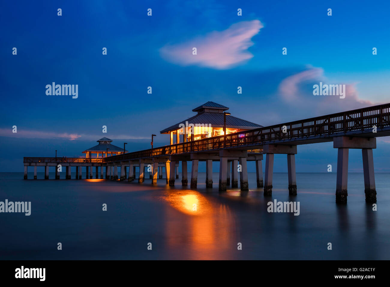 Twilight at the Ft. Myers Beach Pier, Ft. Myers, Florida, USA Stock Photo